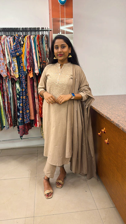 Light Brown Cotton Dupatta Set