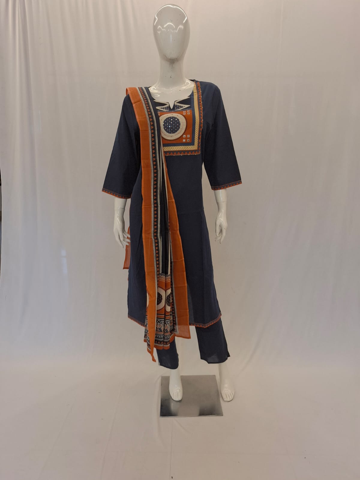 Cotton Navy Blue Dupatta Set
