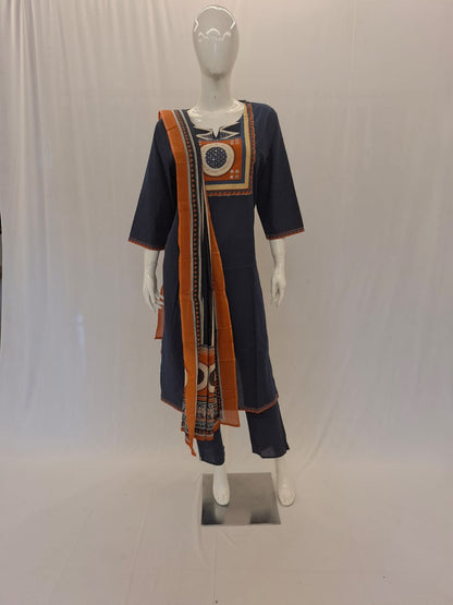 Cotton Navy Blue Dupatta Set