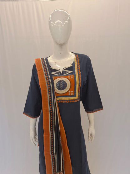 Cotton Navy Blue Dupatta Set