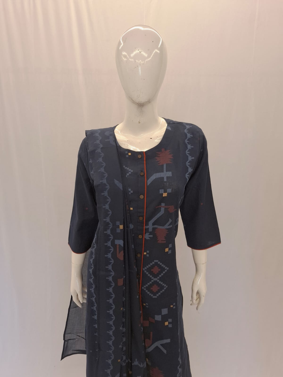 Cotton Navy Blue Dupatta Set