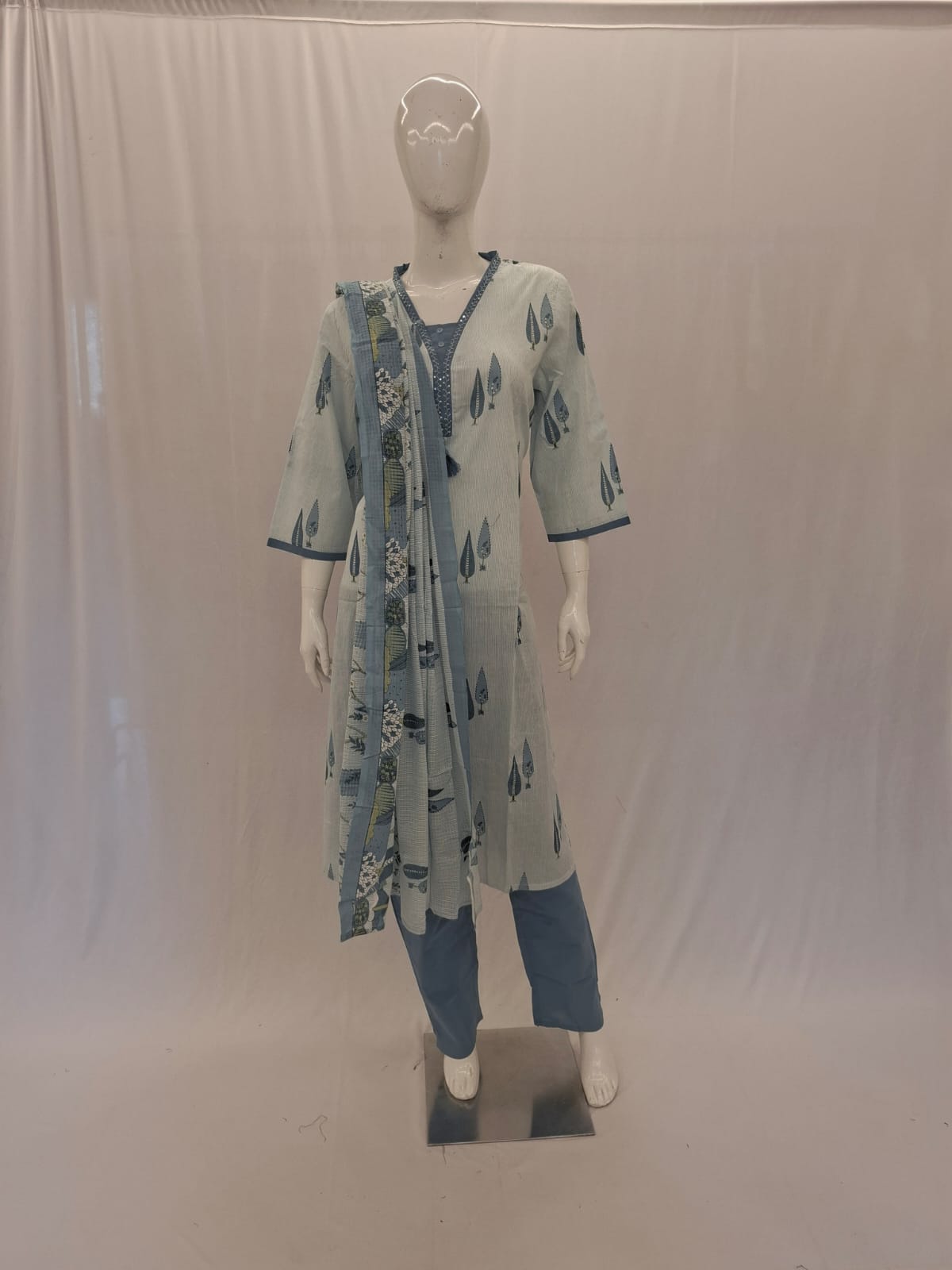 Sky Blue Floral Printed Dupatta Set