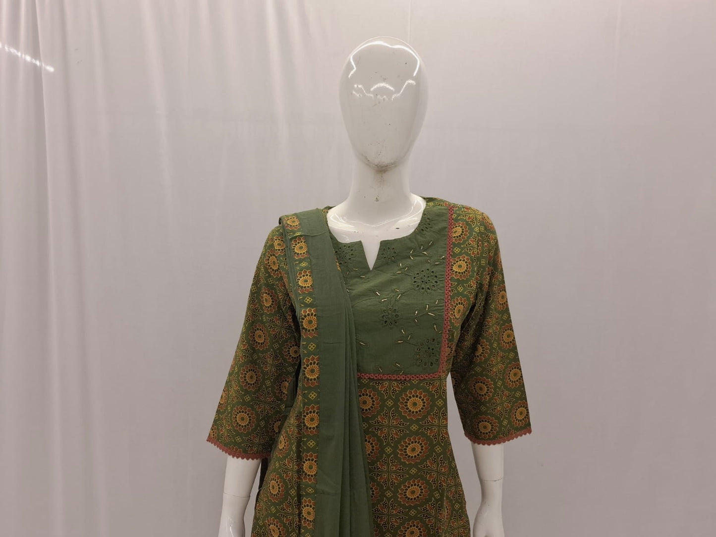 Cotton Mehndi Green Dupatta Set