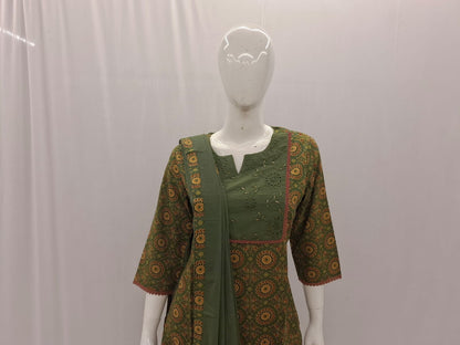 Cotton Mehndi Green Dupatta Set