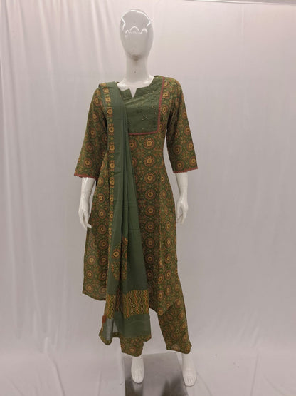 Cotton Mehndi Green Dupatta Set