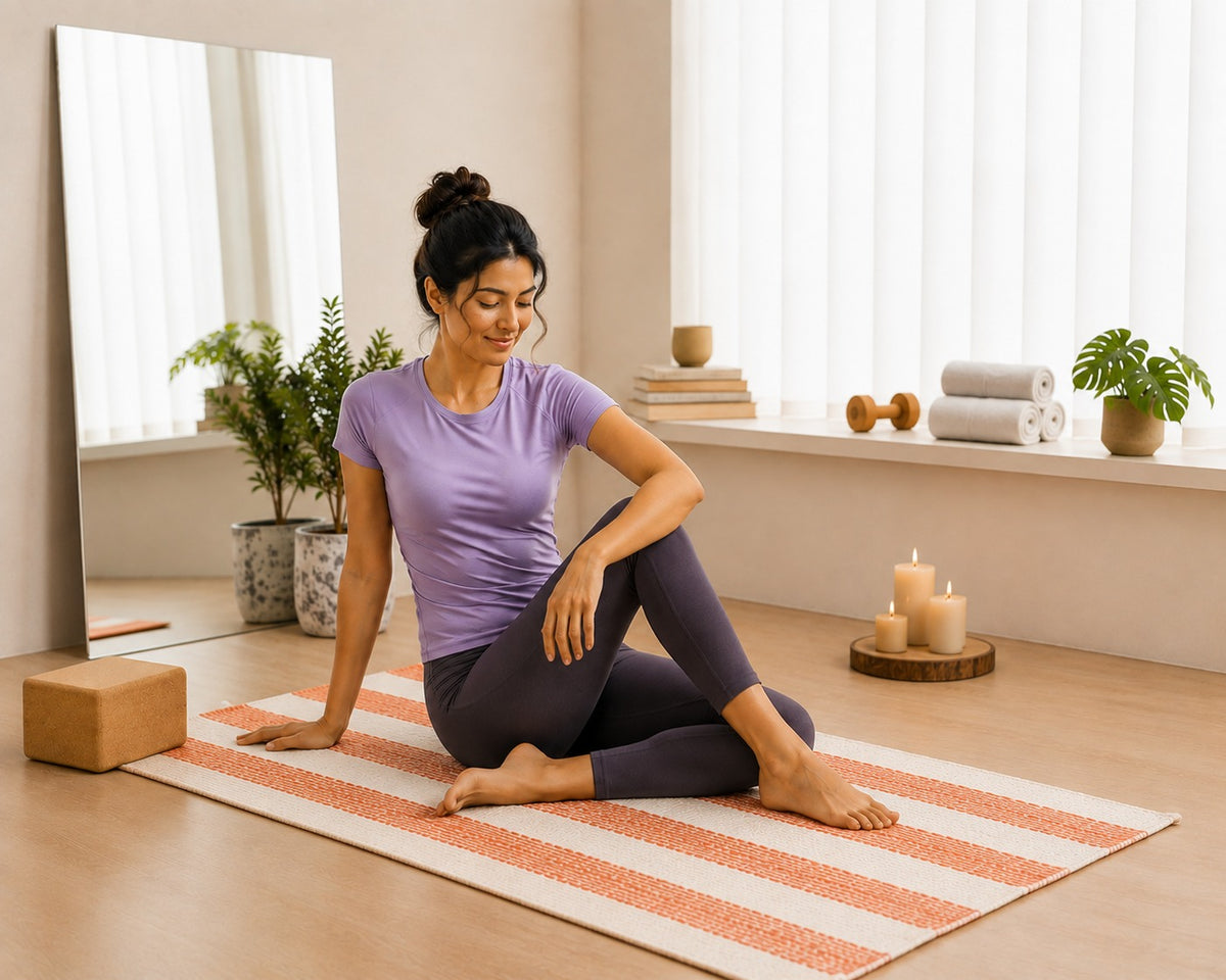 Udojas Sutra premium natural cork yoga mat with deep rose base, partially rolled in a luxury yoga studio.

Image ALT Text – Rolled Mat: