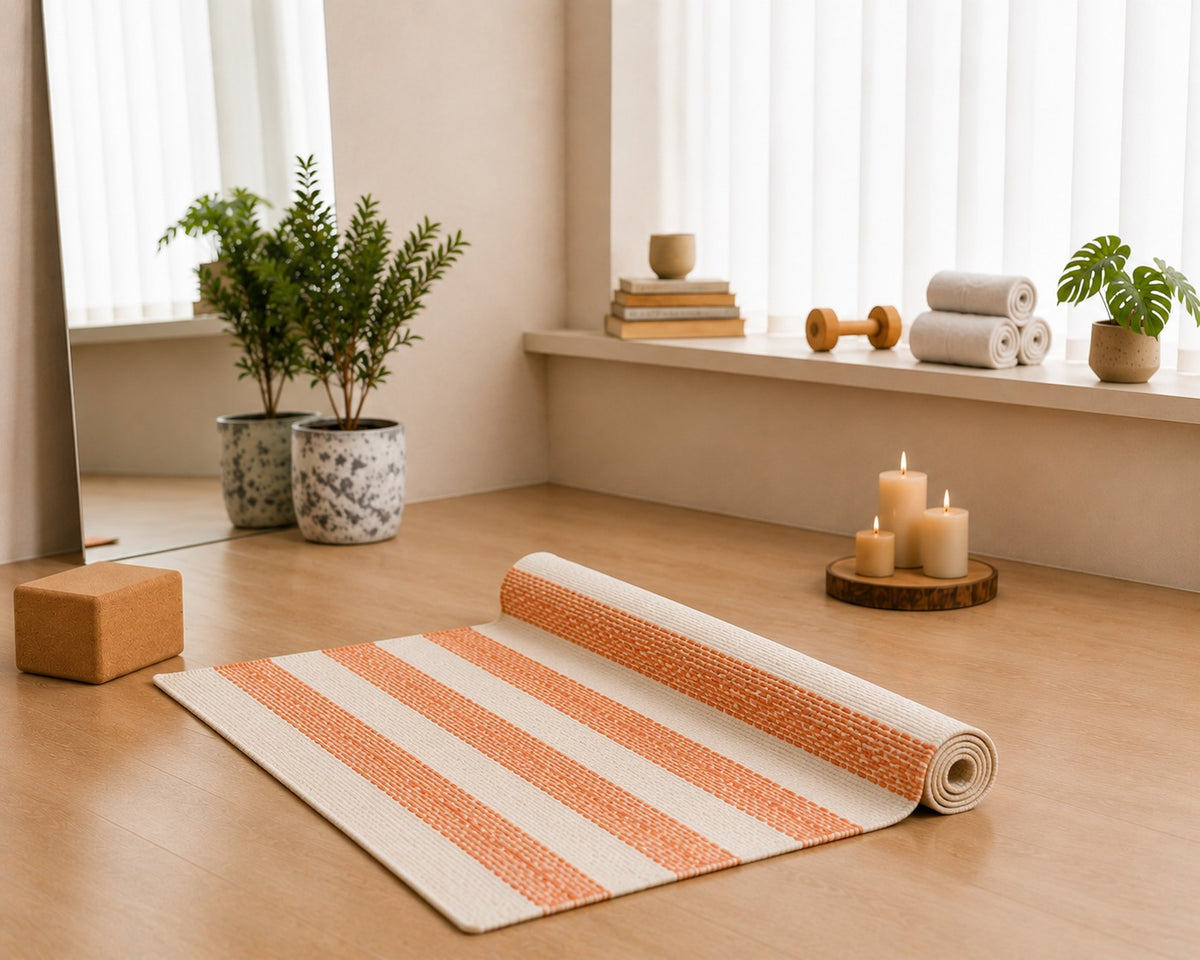 Udojas Sutra premium cork yoga mat rolled with matching deep rose carry strap.
