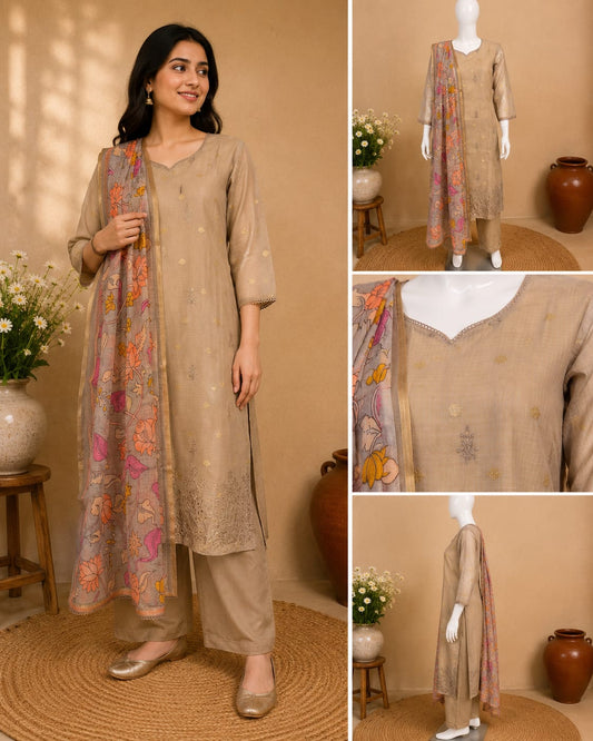 Beige Embroidered Kurta Pant Set with Floral Printed Dupatta