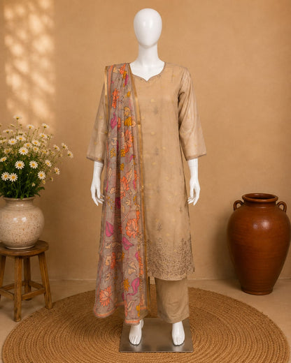 Beige Embroidered Kurta Pant Set with Floral Printed Dupatta