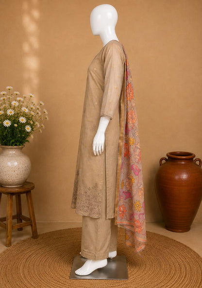 Beige Embroidered Kurta Pant Set with Floral Printed Dupatta