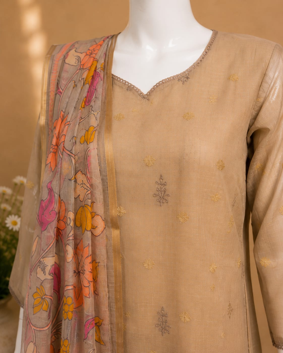 Beige Embroidered Kurta Pant Set with Floral Printed Dupatta