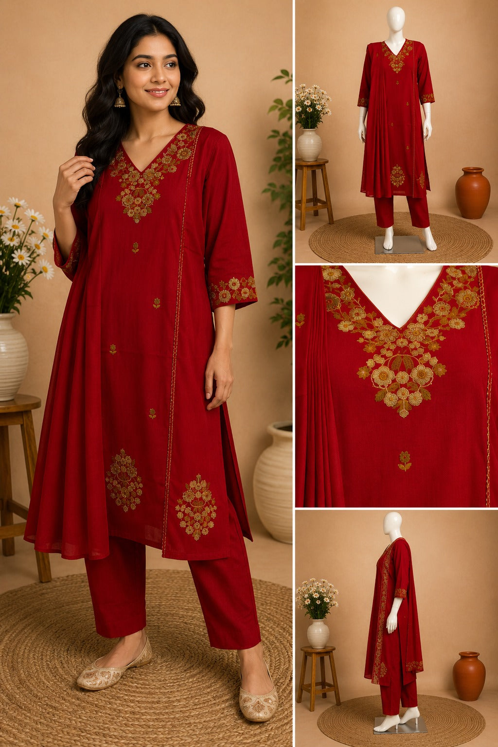 Deep red cotton embroidered kurta pant set with golden floral V-neck embroidery for women