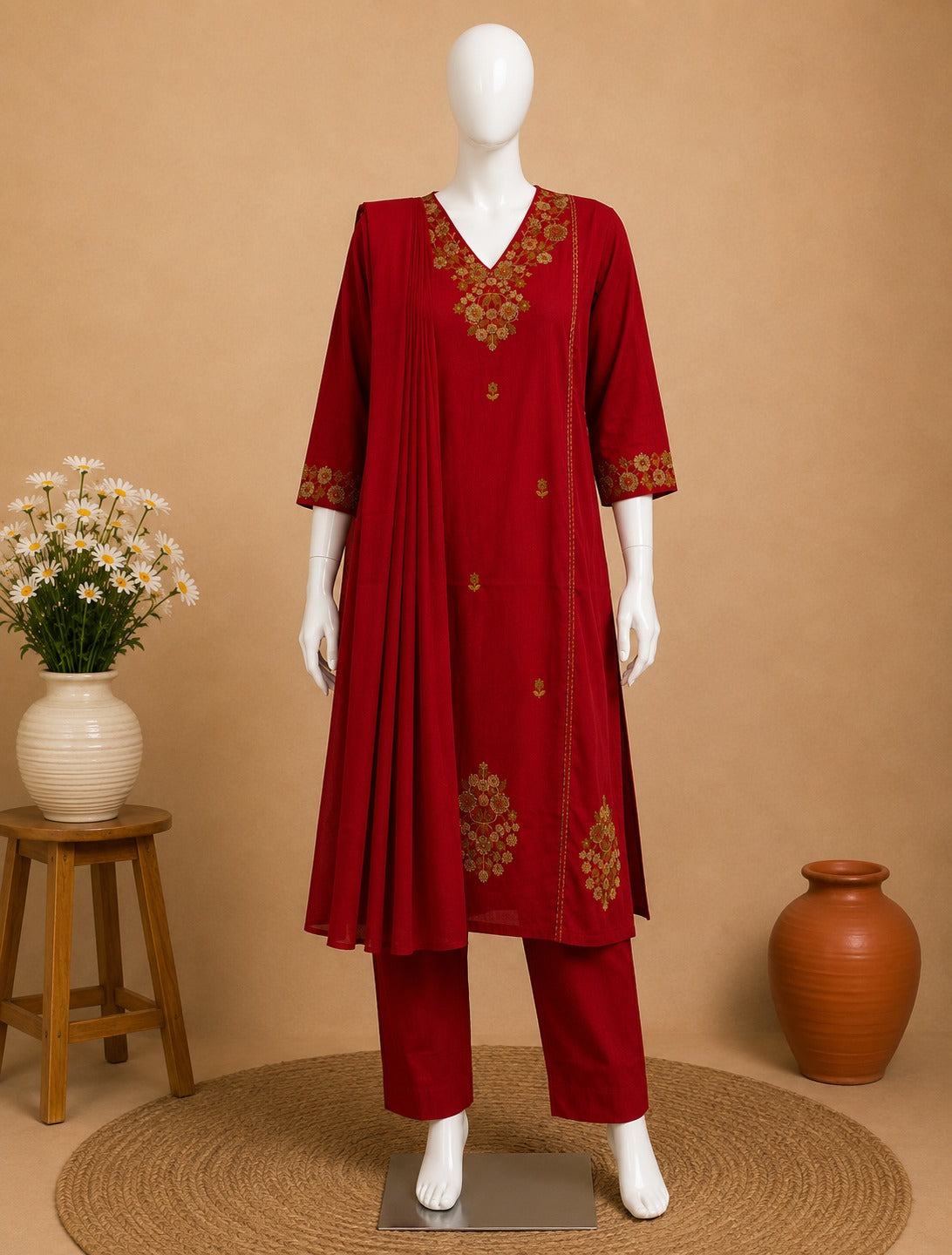 Deep red cotton embroidered kurta pant set with golden floral V-neck embroidery for women