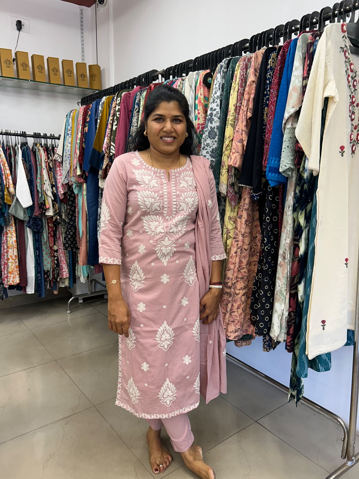 Pink Mul Cotton Chikankari kurta pant set with white floral embroidery and matching dupatta