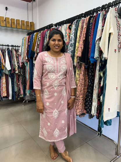 Pink Mul Cotton Chikankari kurta pant set with white floral embroidery and matching dupatta