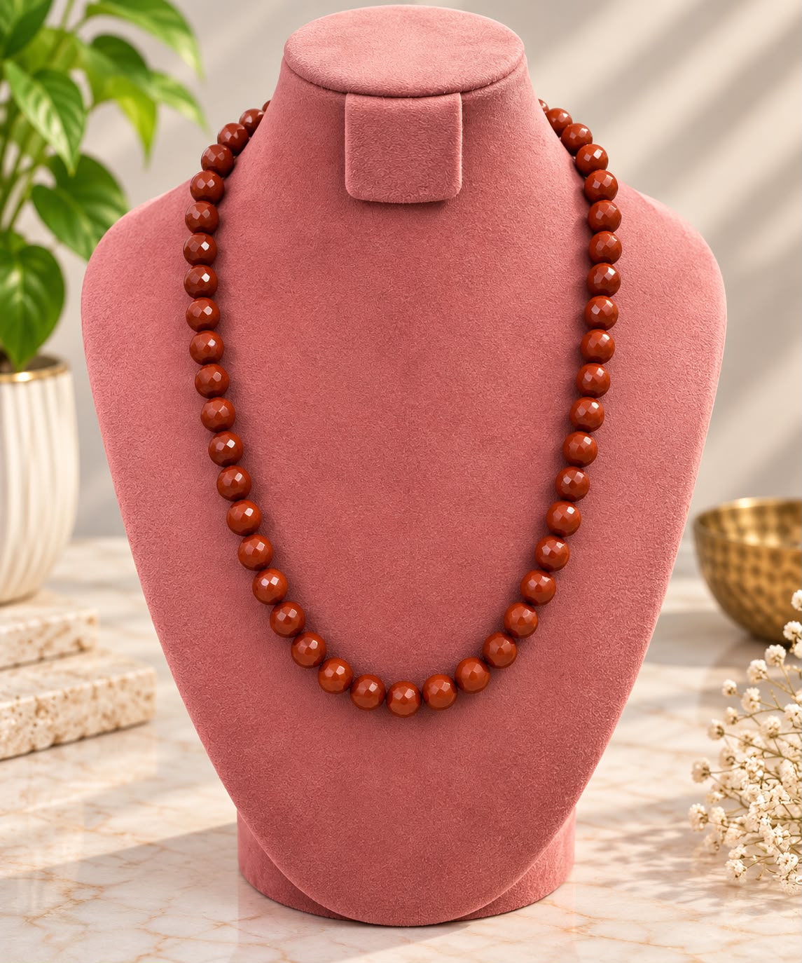 10-inch natural Red Agate crystal bead necklace with polished diamond-cut beads