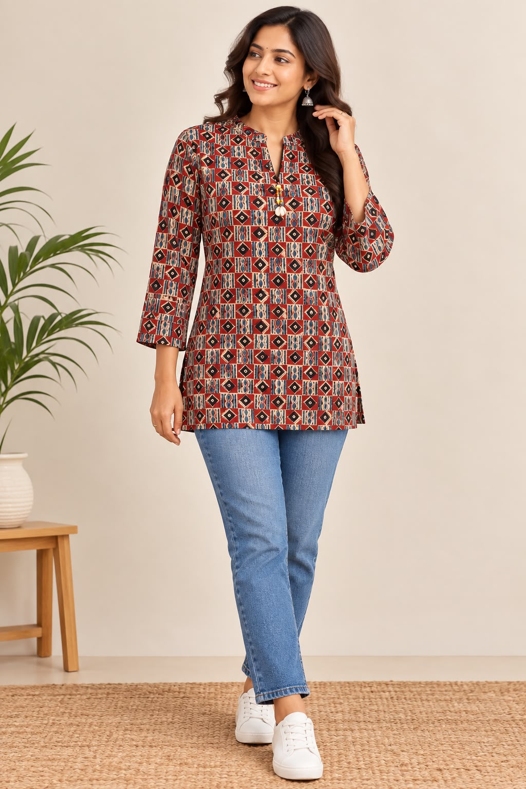 Maroon geometric printed cotton short kurti with multicolour ethnic motifs and tassel neckline