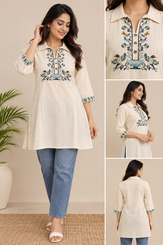 Ivory embroidered Khadi short top with floral and bird motifs, collar and three-quarter sleeves