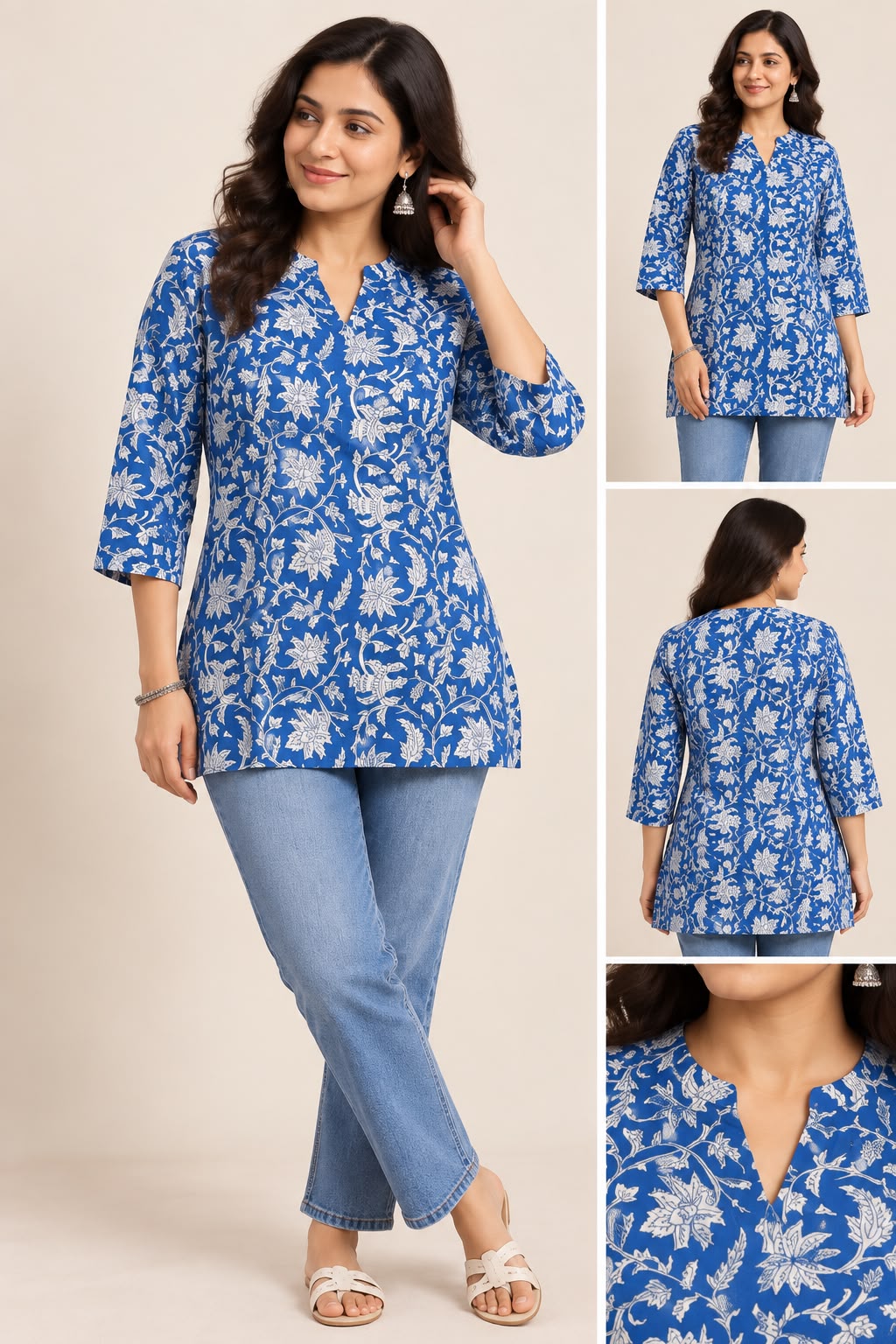 Blue floral printed cotton short kurti for women
