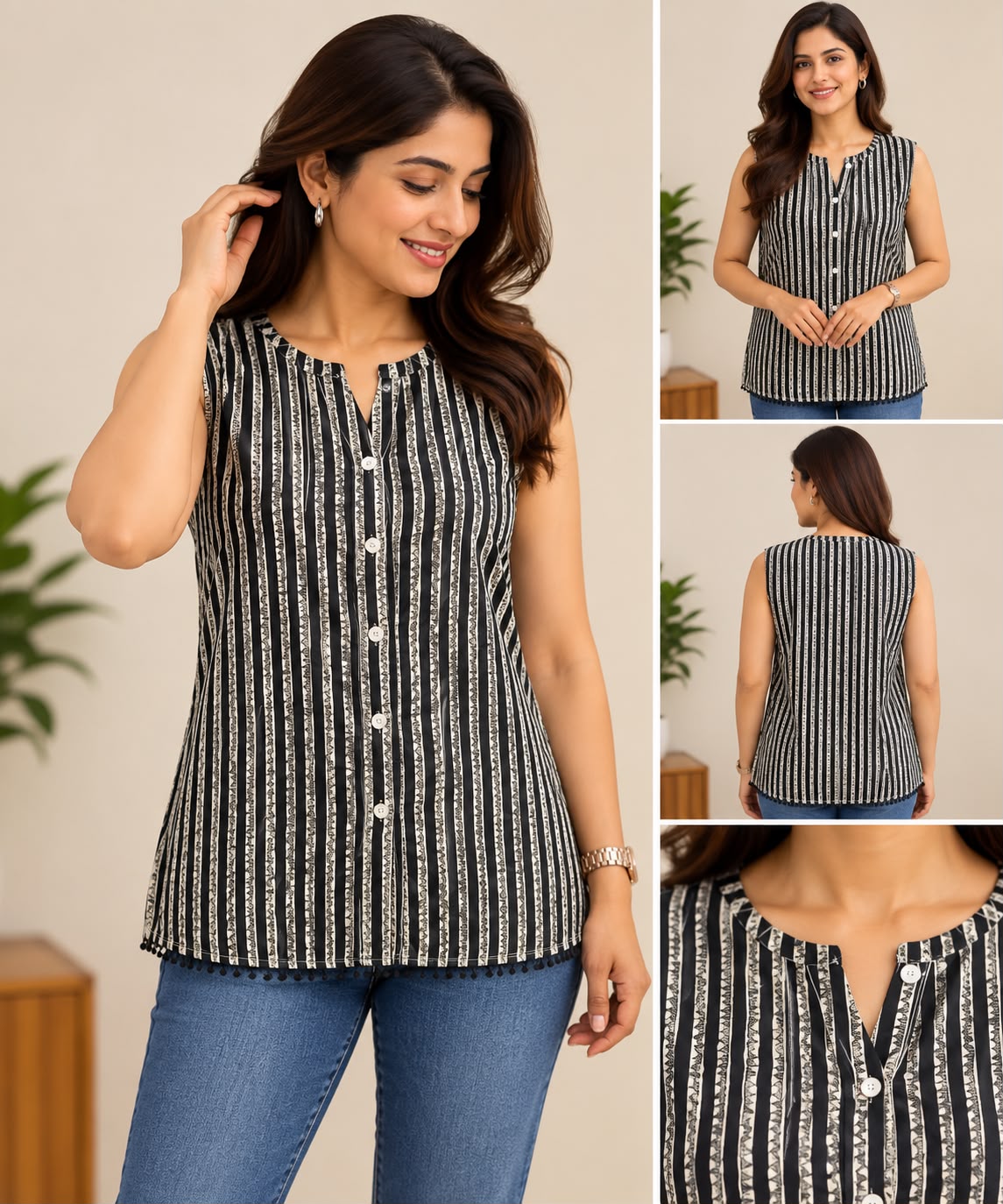Black and white striped sleeveless short top with front buttons and V-slit neckline