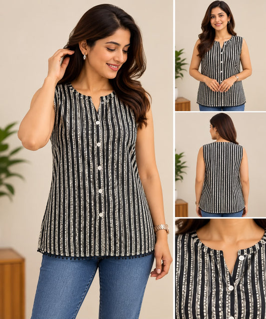 Black and white striped sleeveless short top with front buttons and V-slit neckline