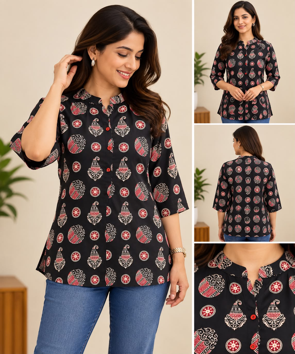 Black short top with red and white traditional printed motifs and 3/4 sleeves