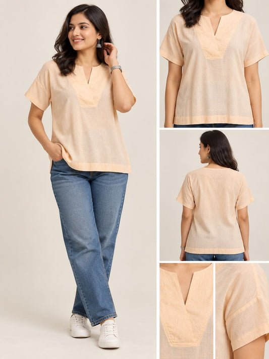 Peach-beige Rayon short top with V-notch neckline, textured finish and short sleeves