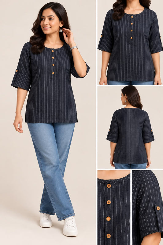 Black striped cotton short kurti with wooden buttons and three-quarter sleeves