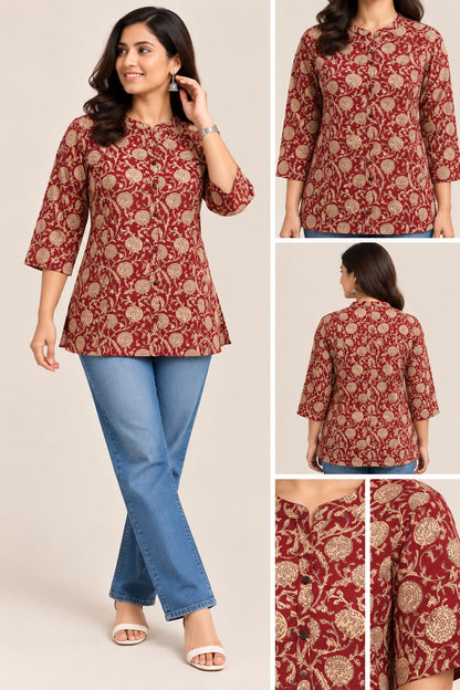Maroon floral printed cotton short kurti with beige floral vine pattern and three-quarter sleeves
