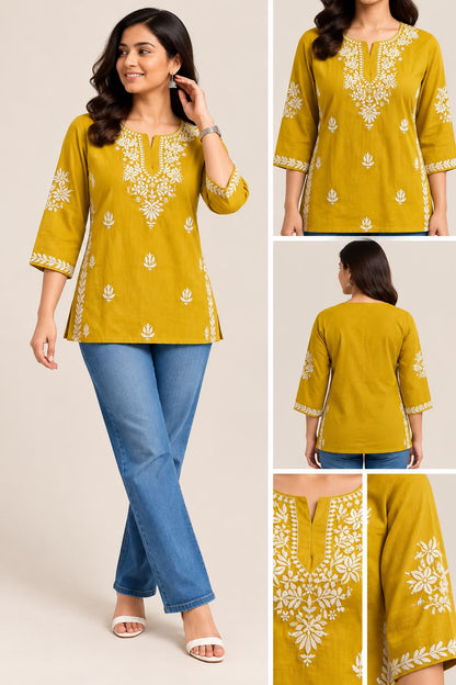 Mustard yellow cotton short top with white floral embroidery and 3/4 sleeves