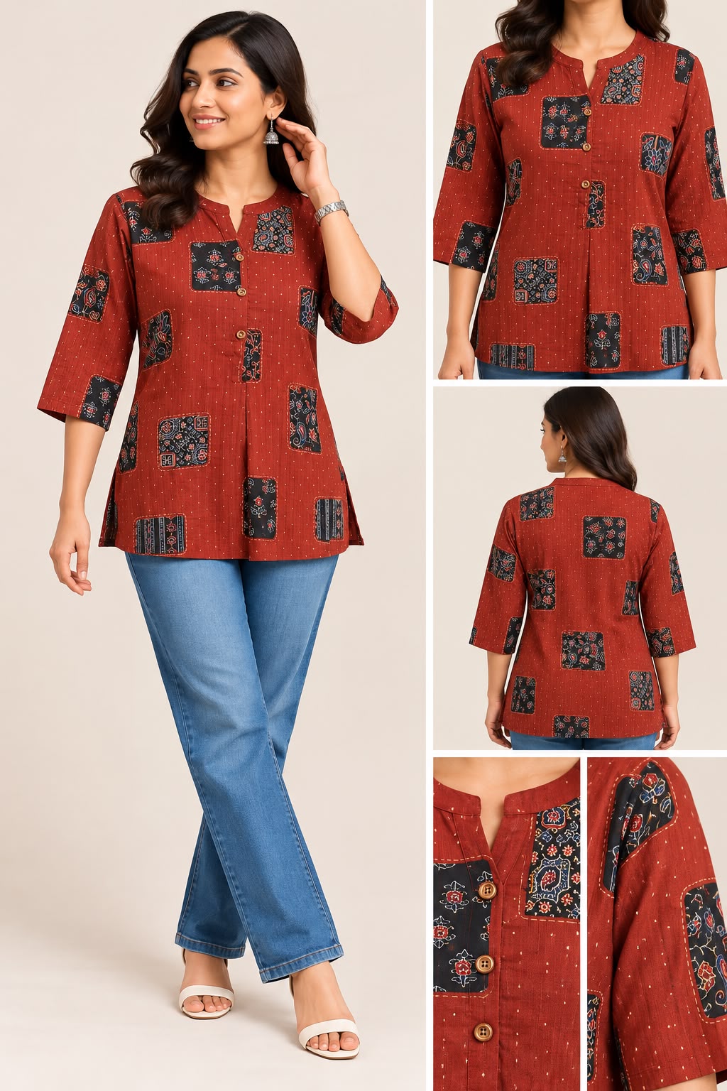 Rust Red Printed Cotton Short Kurti