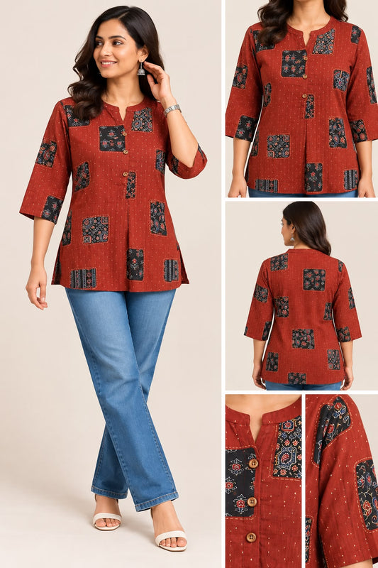 Rust Red Printed Cotton Short Kurti