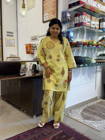Pastel Yellow Floral Print Cotton Farsi Pant Set