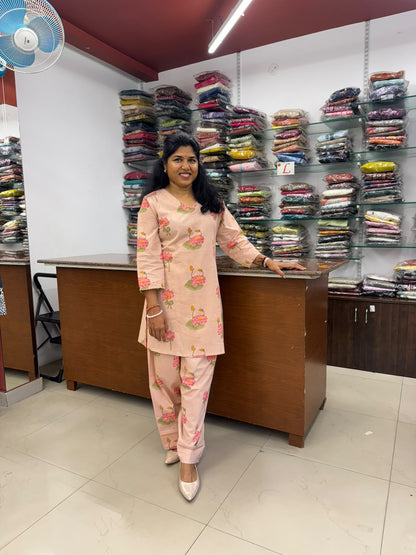 Pink Lotus Print Cotton Farsi Pant Set