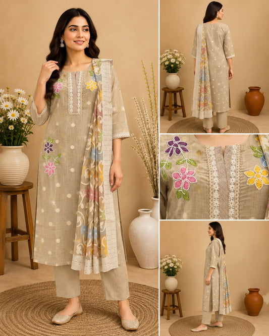 Beige floral embroidered cotton salwar set with printed dupatta, straight pants and lace detailing