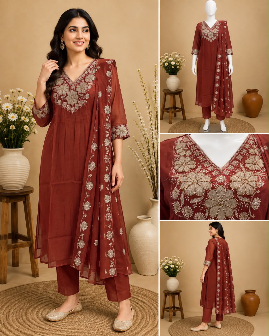 Rust maroon floral embroidered salwar set with matching pants and embroidered dupatta