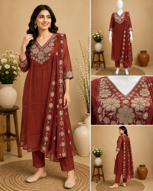 Rust maroon floral embroidered salwar set with matching pants and embroidered dupatta