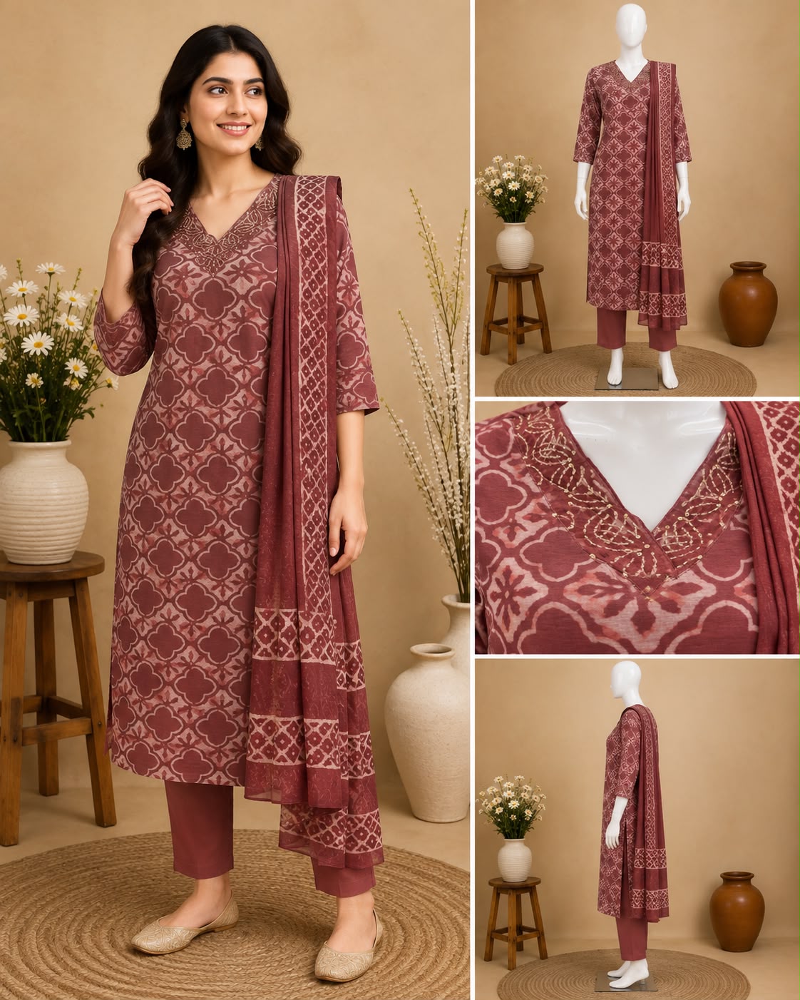 Maroon floral printed cotton salwar set with embroidered V-neckline, matching pants and printed dupatta