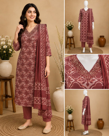 Maroon floral printed cotton salwar set with embroidered V-neckline, matching pants and printed dupatta