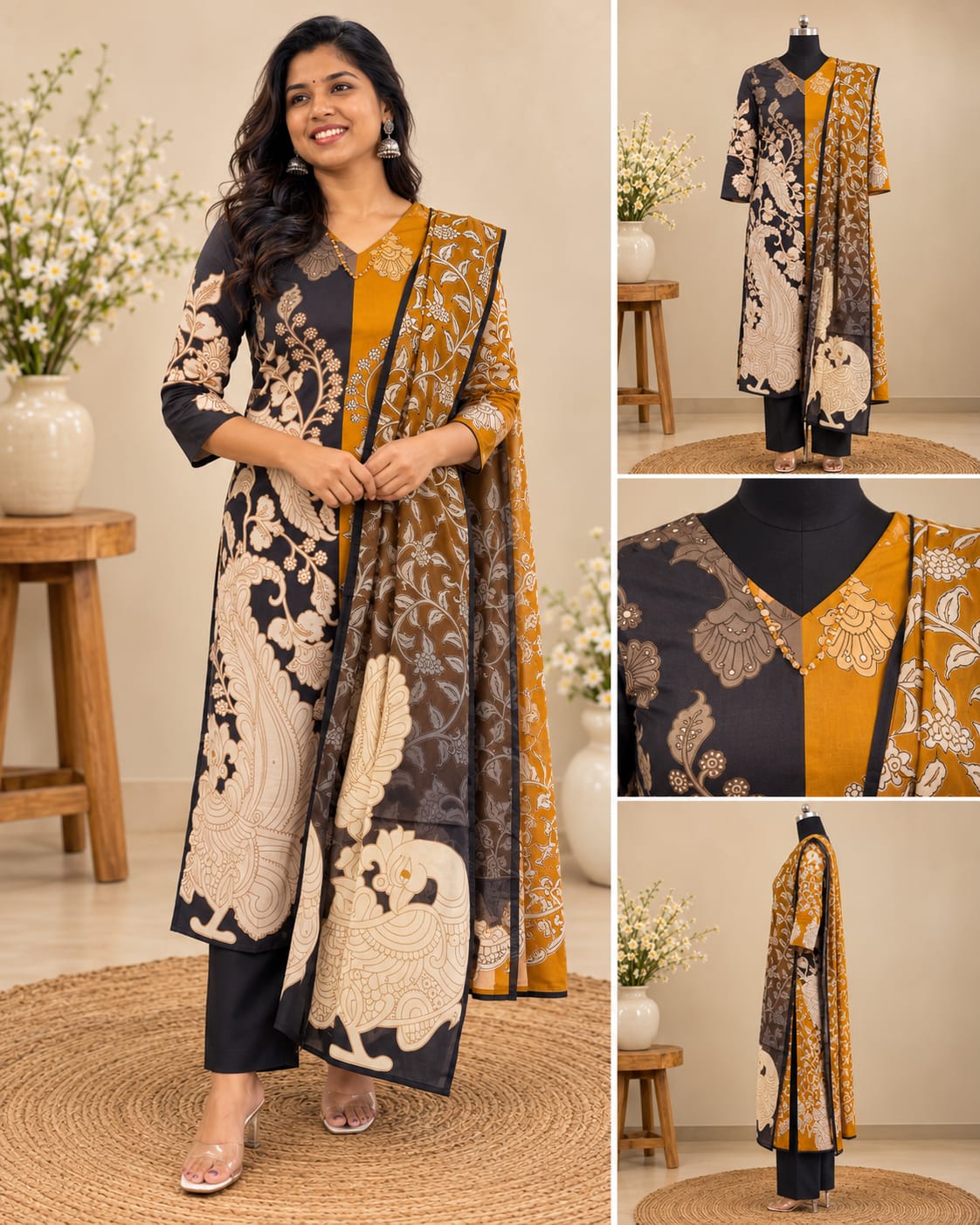 Black & Mustard Printed Kurta Pant Set with Dupatta