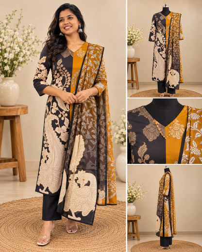 Black & Mustard Printed Kurta Pant Set with Dupatta