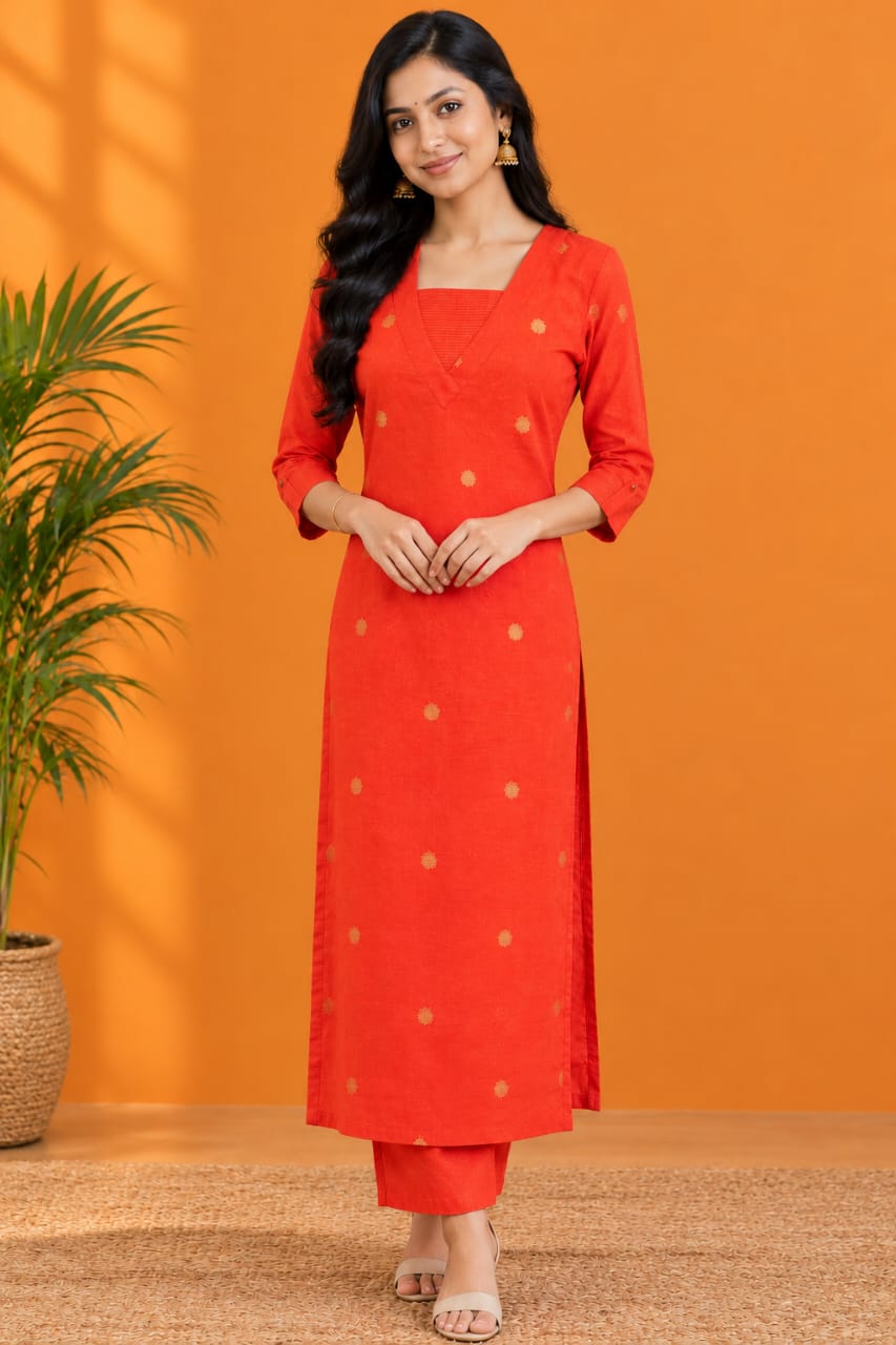 Orange kurta pant set with golden motifs, round neckline, matching striped pants and striped dupatta with tassel details.