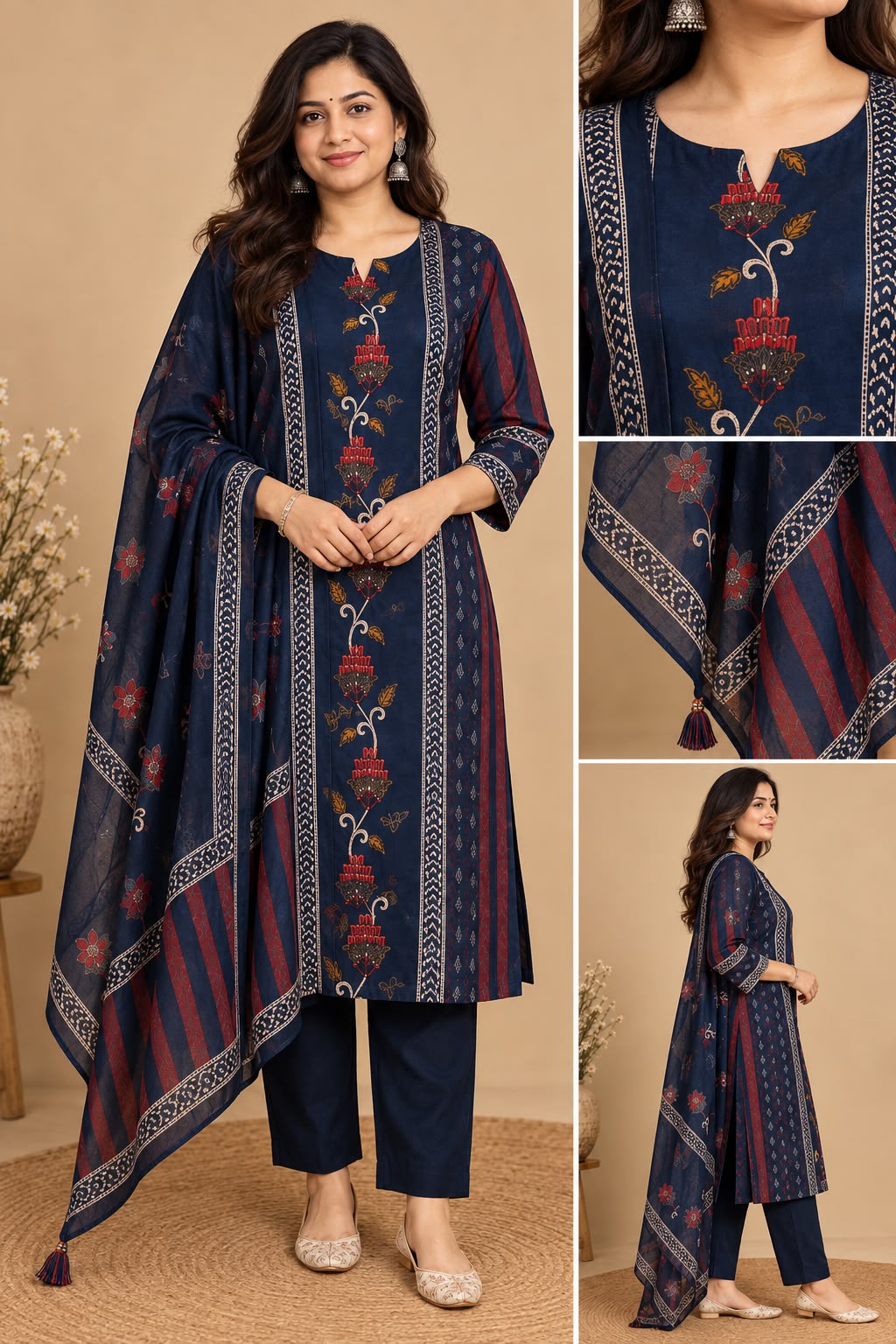 Navy blue kurta pant set with traditional floral motifs, decorative printed borders, matching pants and maroon striped dupatta with tassels, displayed on a female model.