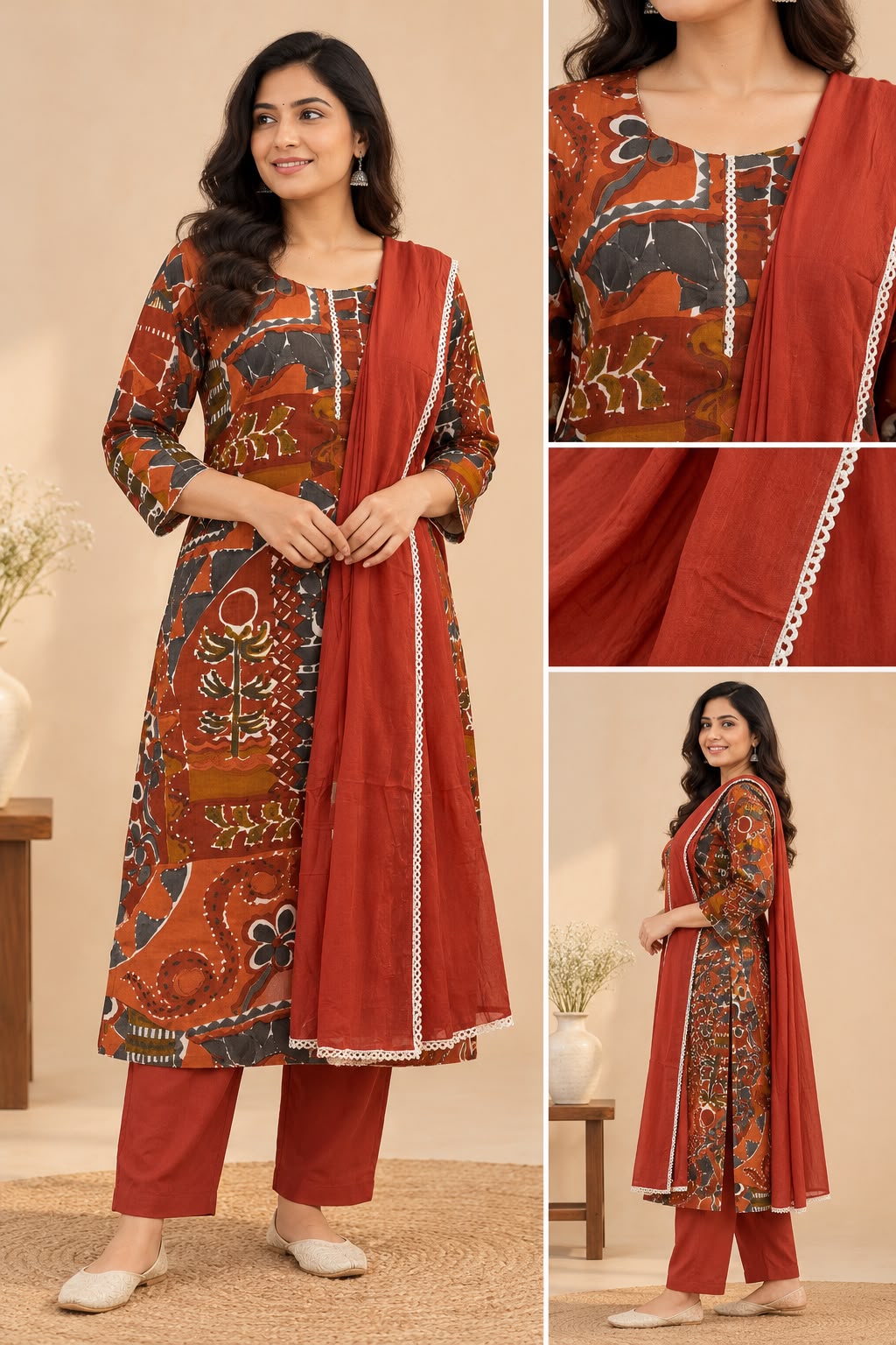 Rust red multicolour printed kurta pant set with matching lace-trimmed dupatta for women by Udojas Sutra.