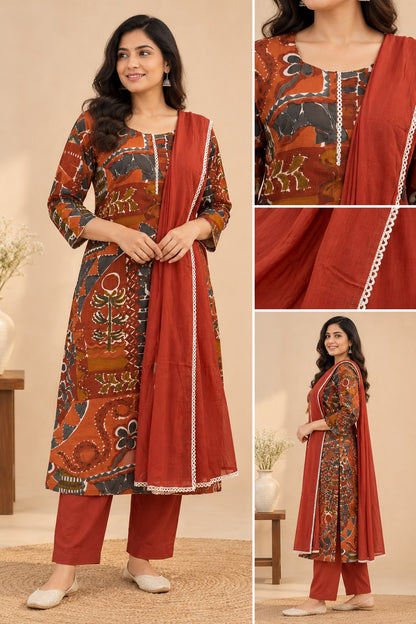 Rust red multicolour printed kurta pant set with matching lace-trimmed dupatta for women by Udojas Sutra.