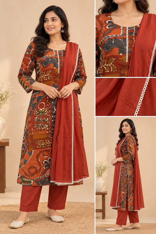 Rust red multicolour printed kurta pant set with matching lace-trimmed dupatta for women by Udojas Sutra.