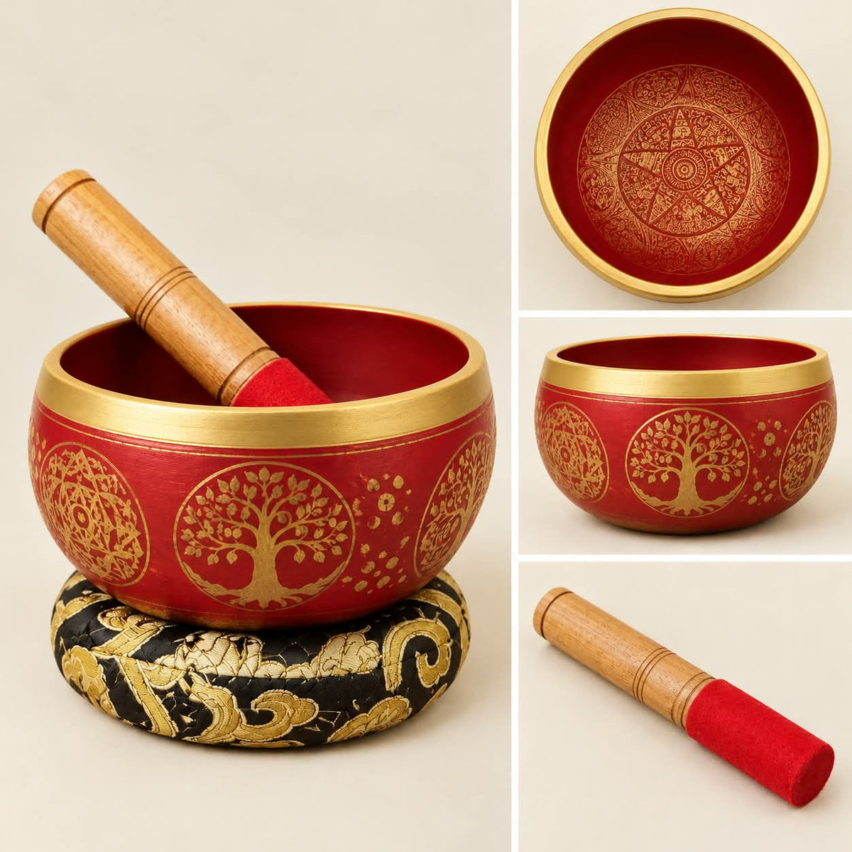 Terracotta Brown Printed Singing Bowl with Wooden Mallet