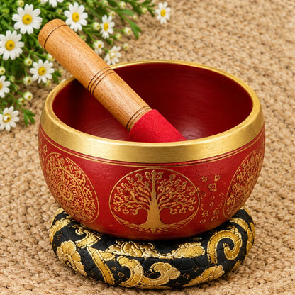 Terracotta Brown Printed Singing Bowl with Wooden Mallet