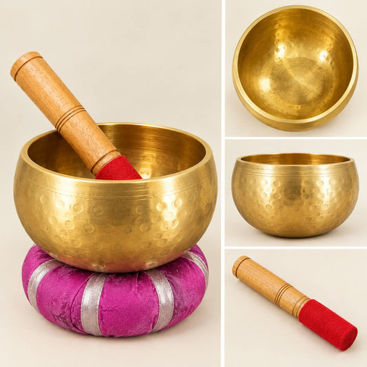 Hand-Hammered Golden Singing Bowl with Wooden Mallet and Pink Cushion