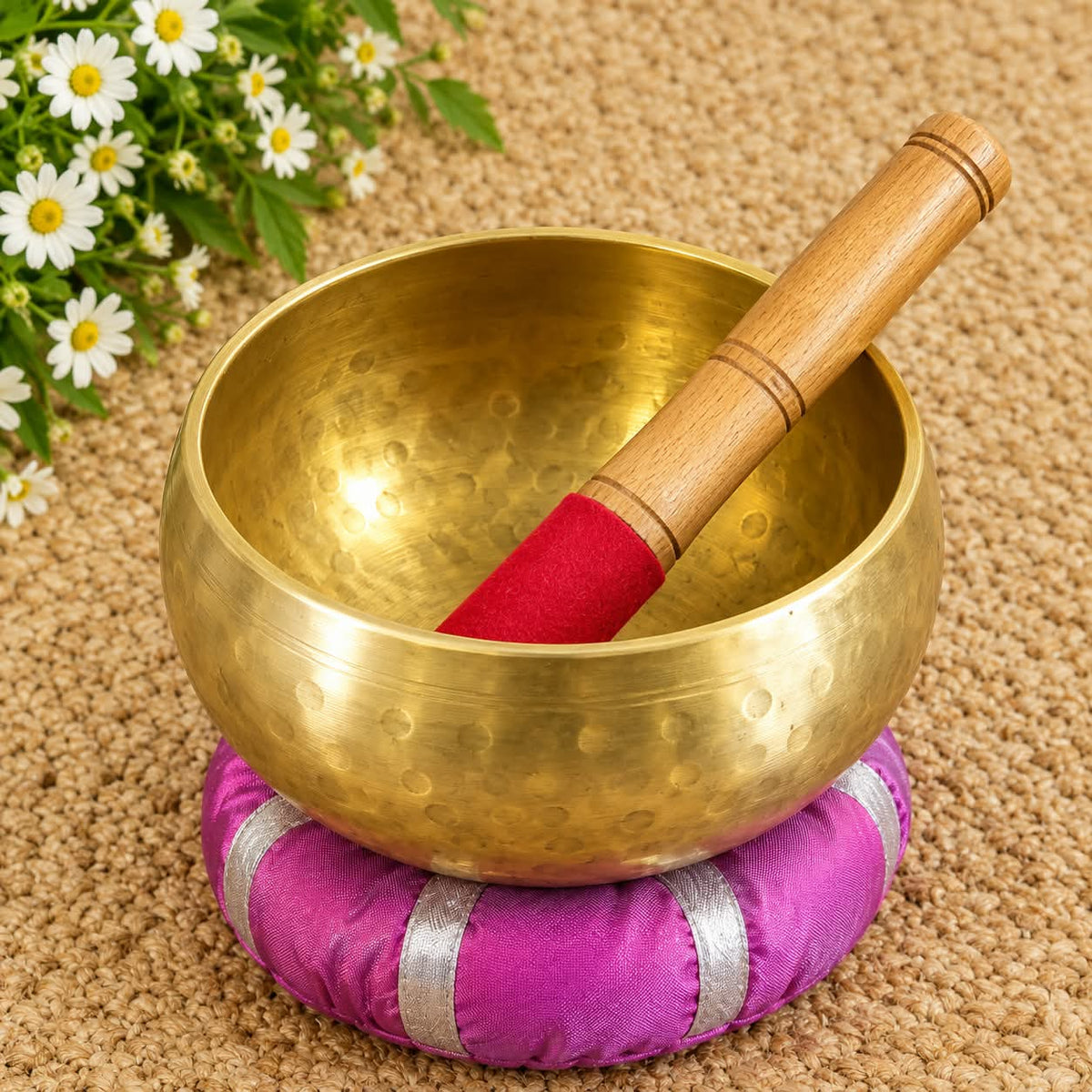 Hand-Hammered Golden Singing Bowl with Wooden Mallet and Pink Cushion